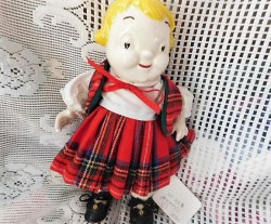 10" ALL WHITE PORCELAIN CHEEKY CAMPBELL SOUP JOINTED DOLL, TARTAN OUTFIT